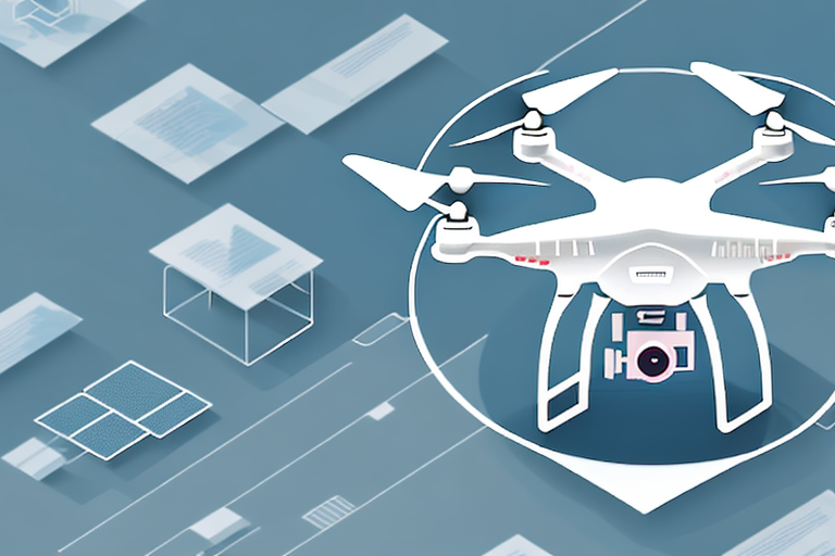 A drone flying over a corporate building surrounded by a digital security shield